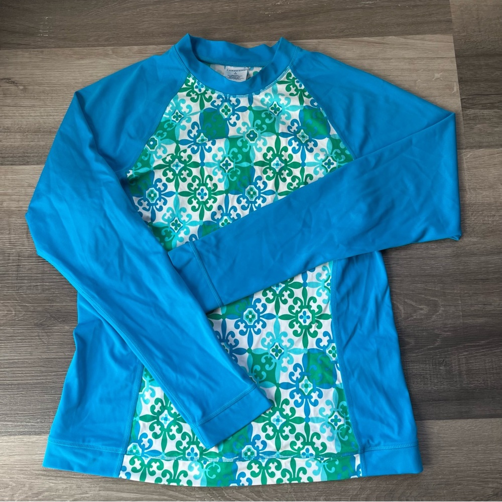 Lands' End Teal and Green Patterned Rash Guard/Swim Top size S